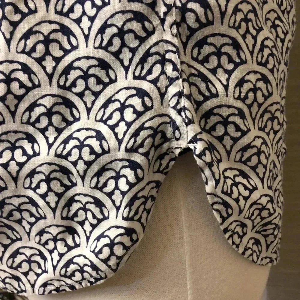 Talbots 100% Linen White Navy Blue Scallop Print Popover - Picture 9 of 11